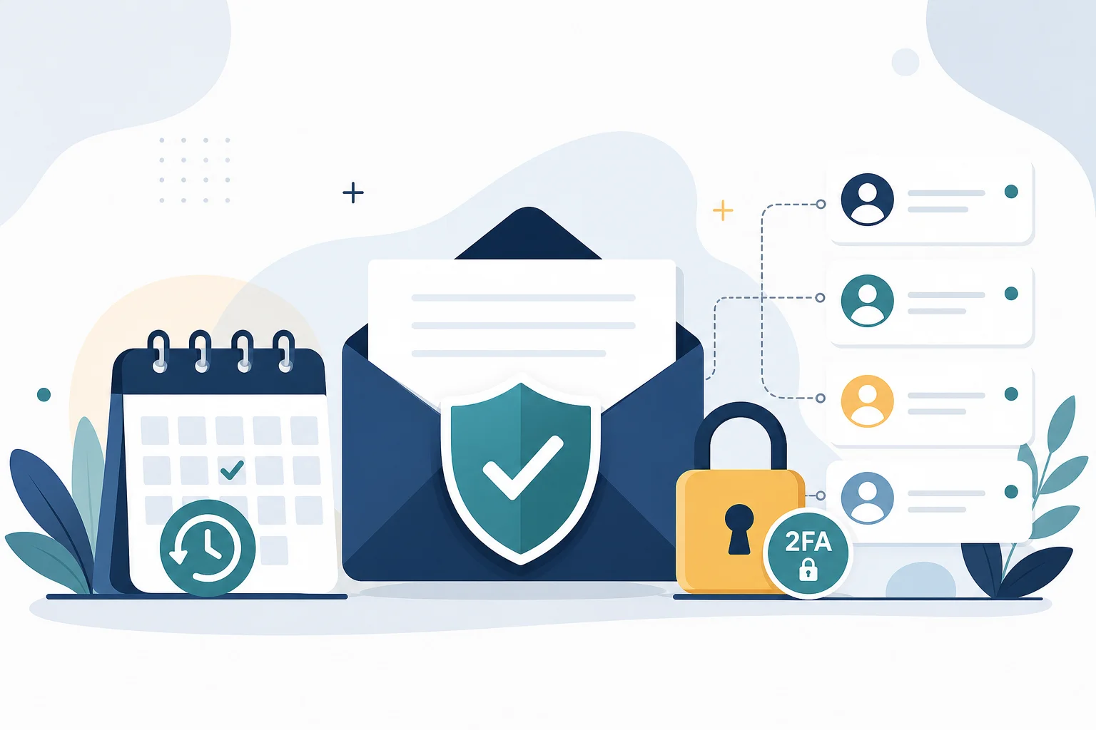 Email envelope with a security shield, an account-age calendar, and a 2FA padlock linked to multiple managed accounts