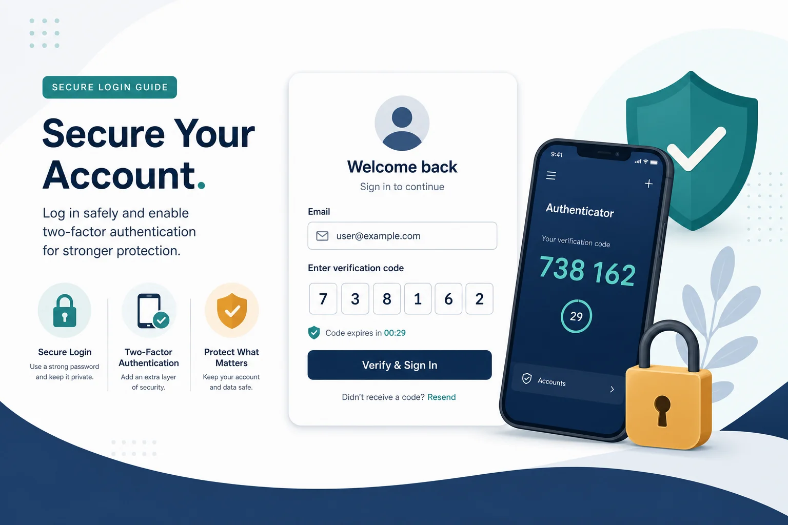 Login screen with a verification code next to a phone showing an authenticator app token, a security shield, and a padlock