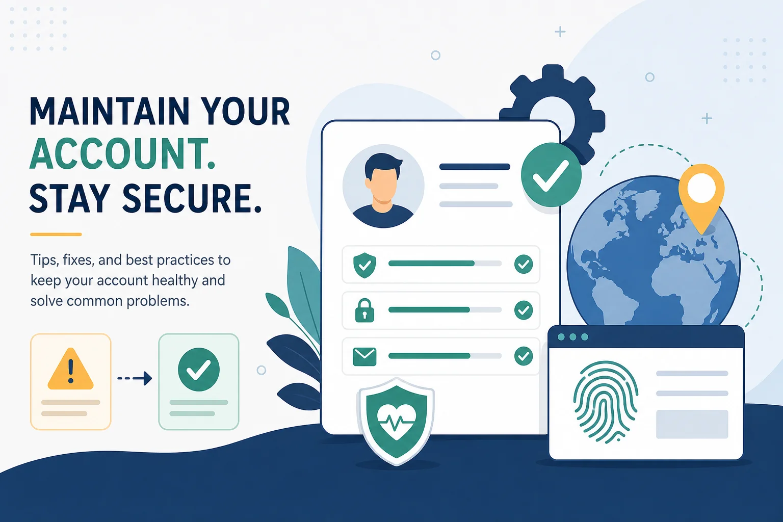 Account profile card kept healthy with a gear and checkmark, a warning turning into a green check, a globe with location pin, and a fingerprint-browser window